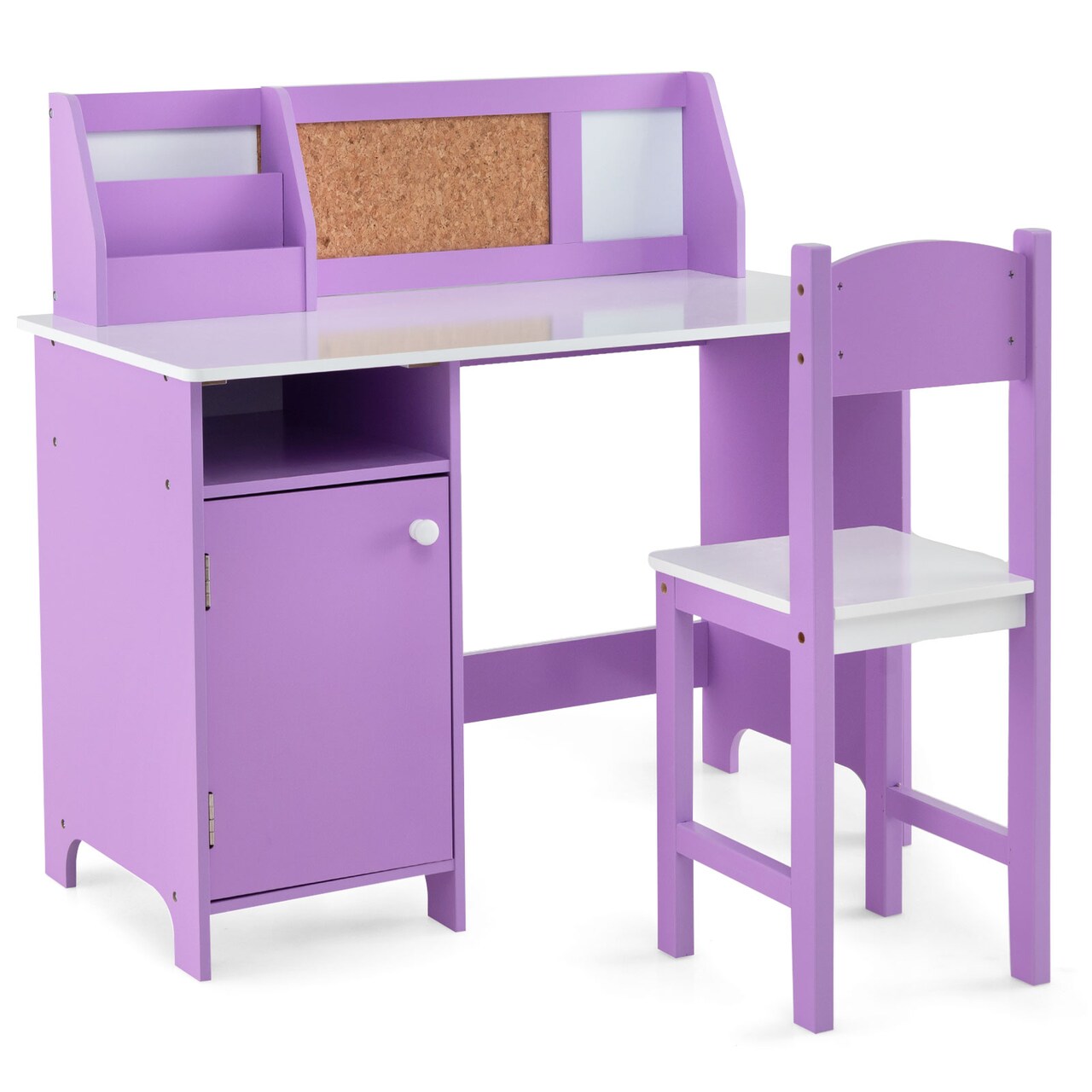 Purple Kids Desk with Chair for Study and Play Cabinet and Storage Shelves Cork Board and Marker